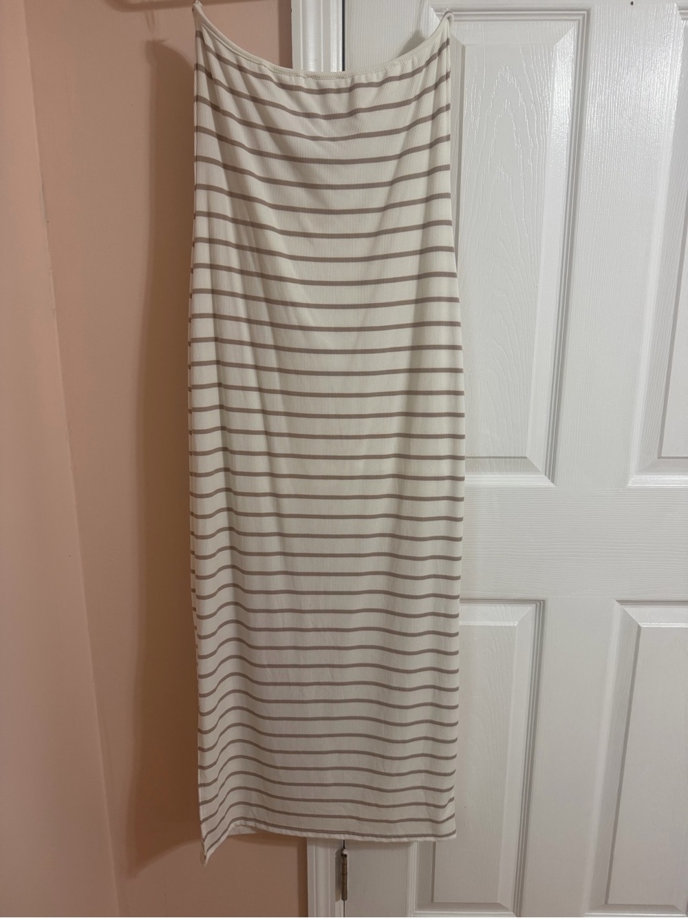 Striped Cream and Taupe Strapless Midi Dress